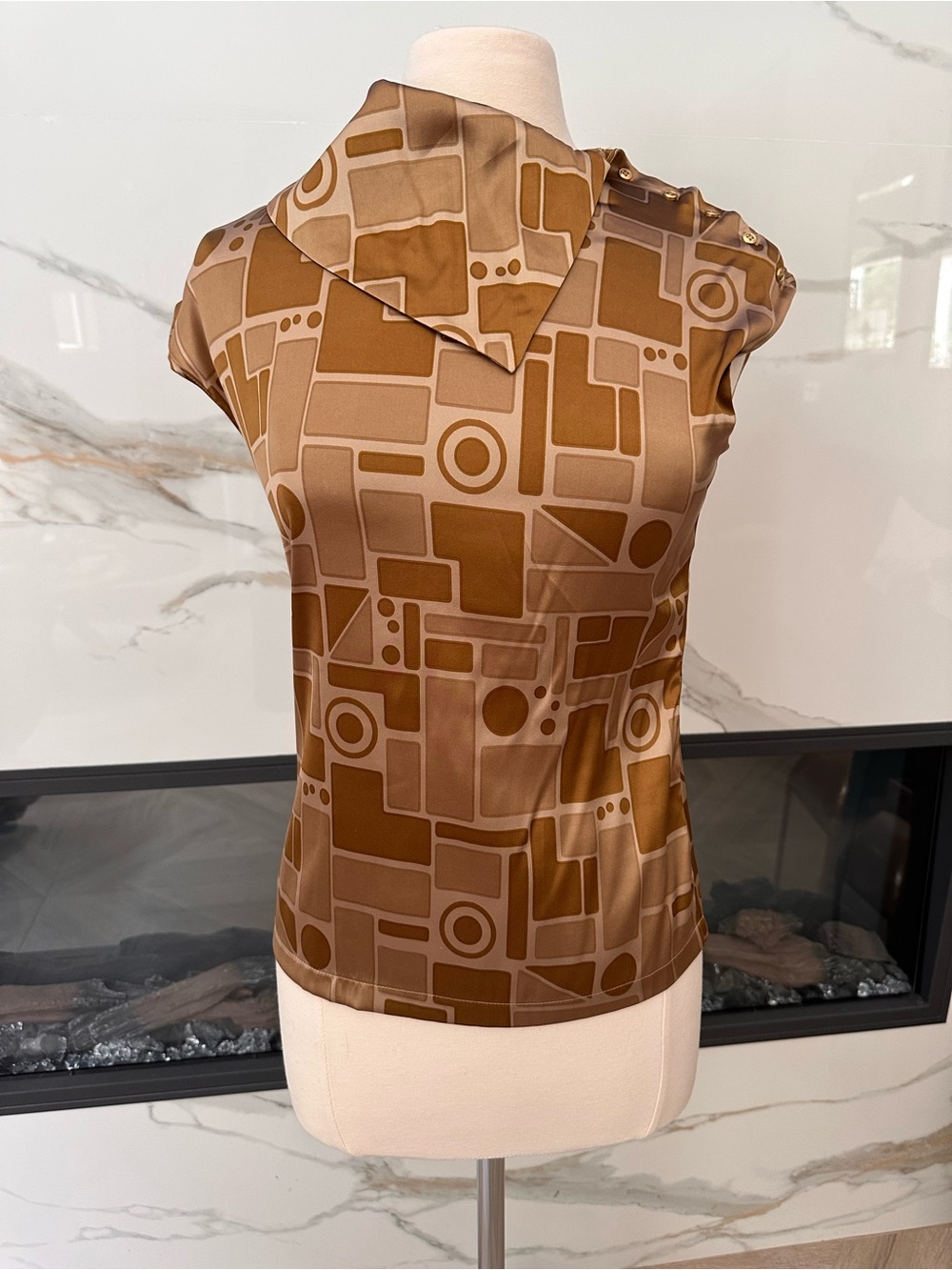 Vintage Moda International Silk Brown Geometric Satin Cowl-Neck Camisole Sz S